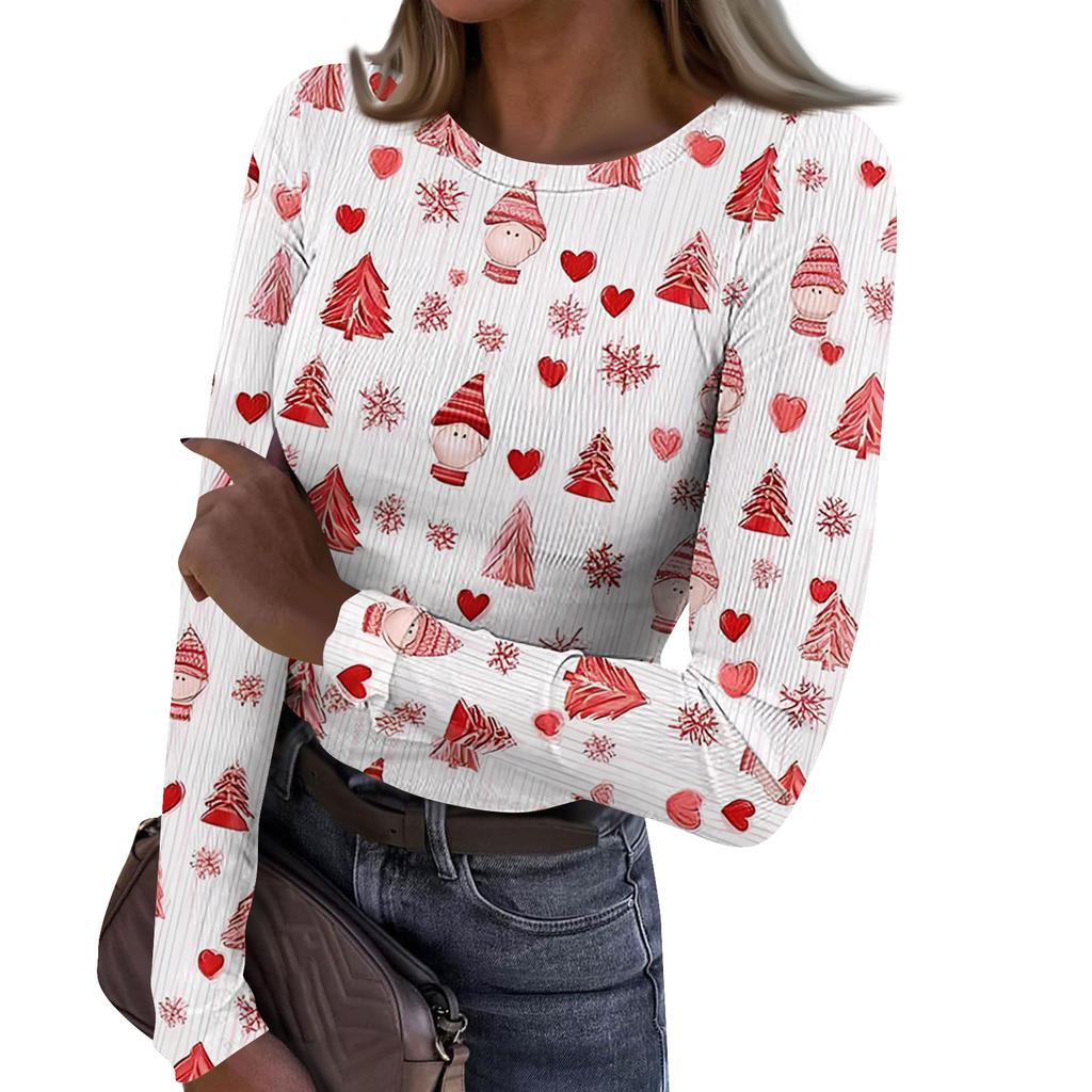 Γυναικείο Μοντέρνο Μπλουζάκι Βασικής Στρώσης Στενής Γραμμής με Στρογγυλή Λαιμόκοψη και Χριστουγεννιάτικη Εκτύπωση, Μακρυμάνικο Τοπ