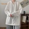 Spring Autumn Men Top V Neck Long Sleeves Oversized Solid Color Loose Mid Length Striped Texture Pullover Hip Hop Streetwear Sweatshirt