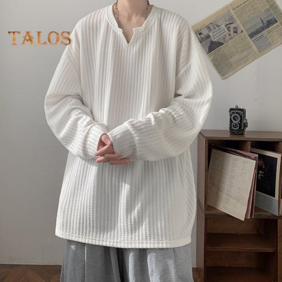 Spring Autumn Men Top V Neck Long Sleeves Oversized Solid Color Loose Mid Length Striped Texture Pullover Hip Hop Streetwear Sweatshirt