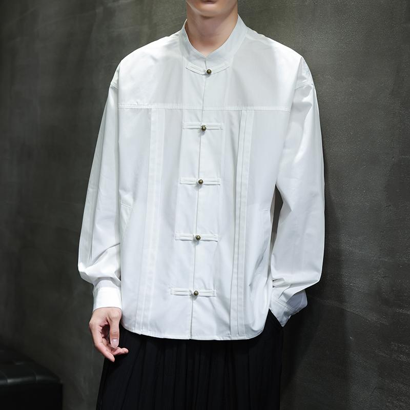 

Autumn Men Shirt Mandarin Collar Oversize Shirts Man Long Sleeve Chinese Style Shirts Formal Black White Casual Retro Tops 4XL белый