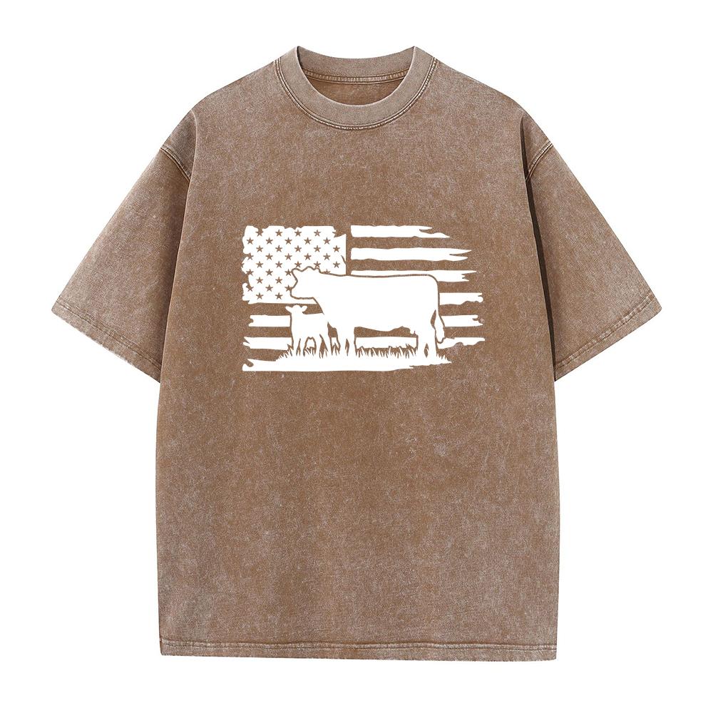 Mens Fun Cow Print Washed T Shirt Retro Distressed Style Casual Basic Street Fashion Pure Cotton Crew Neck Short Sleeved Top