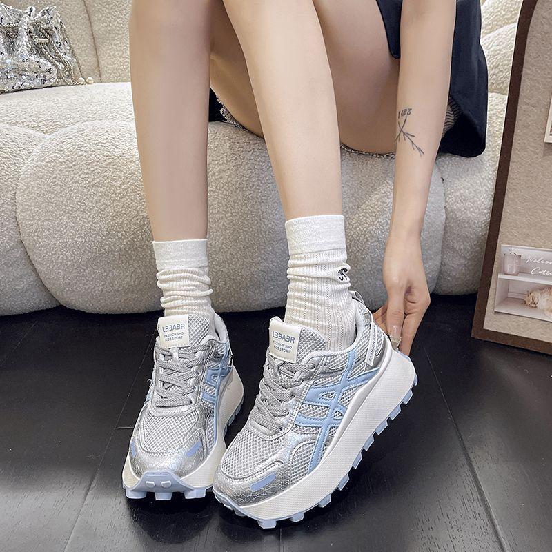2025 spring and autumn soft leather through the net small height-increasing shoes fashion casual lightweight thick-soled Forrest Gump shoes sports sh