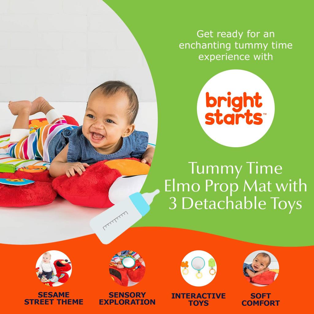 Bright Starts Sesame Street Tummy Time Elmo Prop Mat (0 Months, Baby Mat, Nap Mat, Teething Mat, Rattle, Red, 12040)