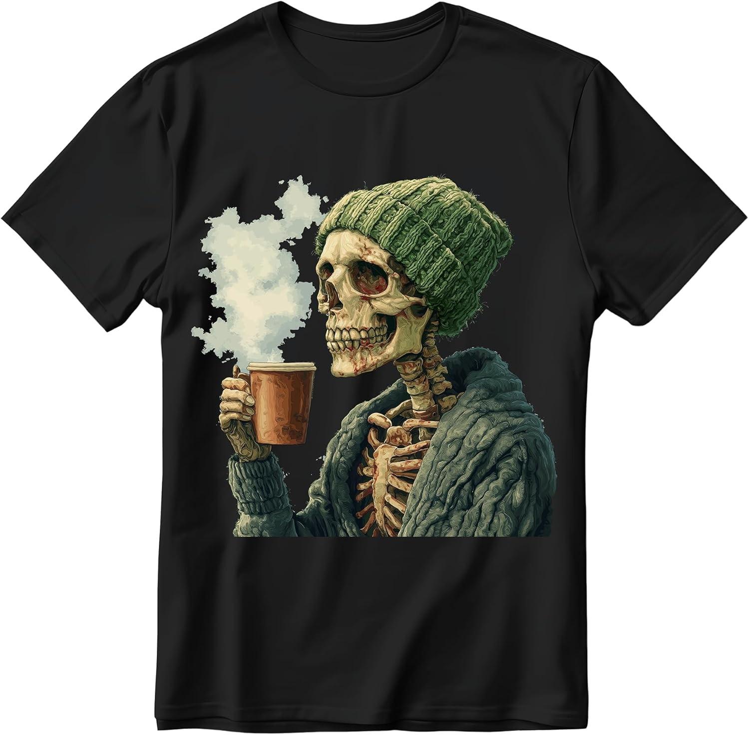 Drinking Coffee Skull Shirt for Men Skeleton Shirts Gift for Coffee Lover S