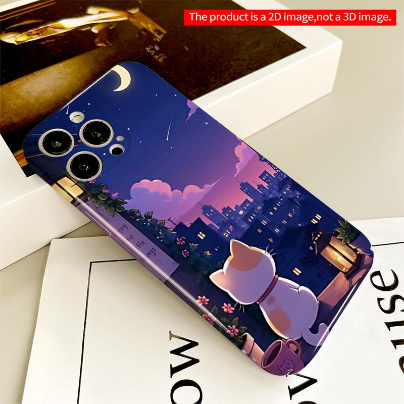 2DFlat Cute Cat Under Moonlit Sky Phone Case All inclusive film hard iPhone case, compatible with iPhone 18 Pro Max 17 16 15 14 13 12 11