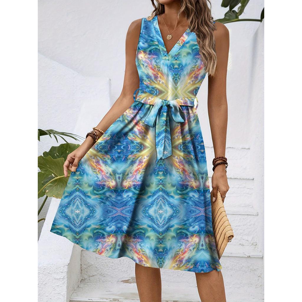 Women's Spring And Summer Casual V-Neck Sleeveless Waist Floral Print Midi Dress
