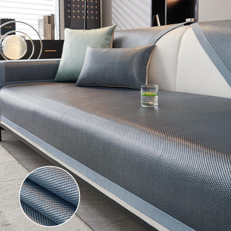 Summer Ice Sliky Fiber Fabric Sofa Cushion, Rectangular Non-Slip Fixed Mat, Light Luxury Cover for Summer Use Suitable for Living Room