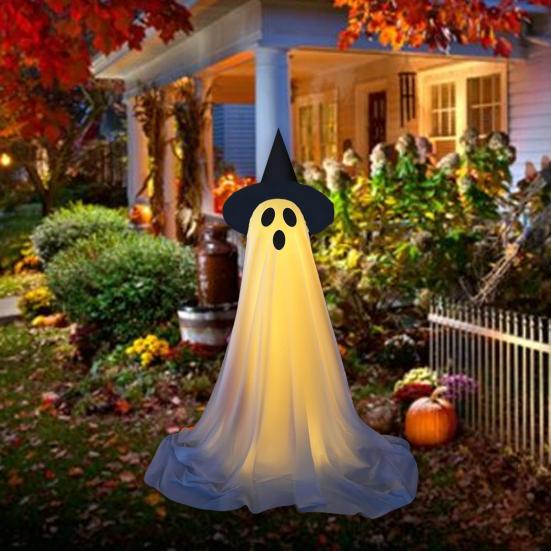 Large Lighted Ghost Halloween Decoration Outdoor Standing Light-up White Ghost with Witch Hat for Home Yard Garden Lawn Porch Decor