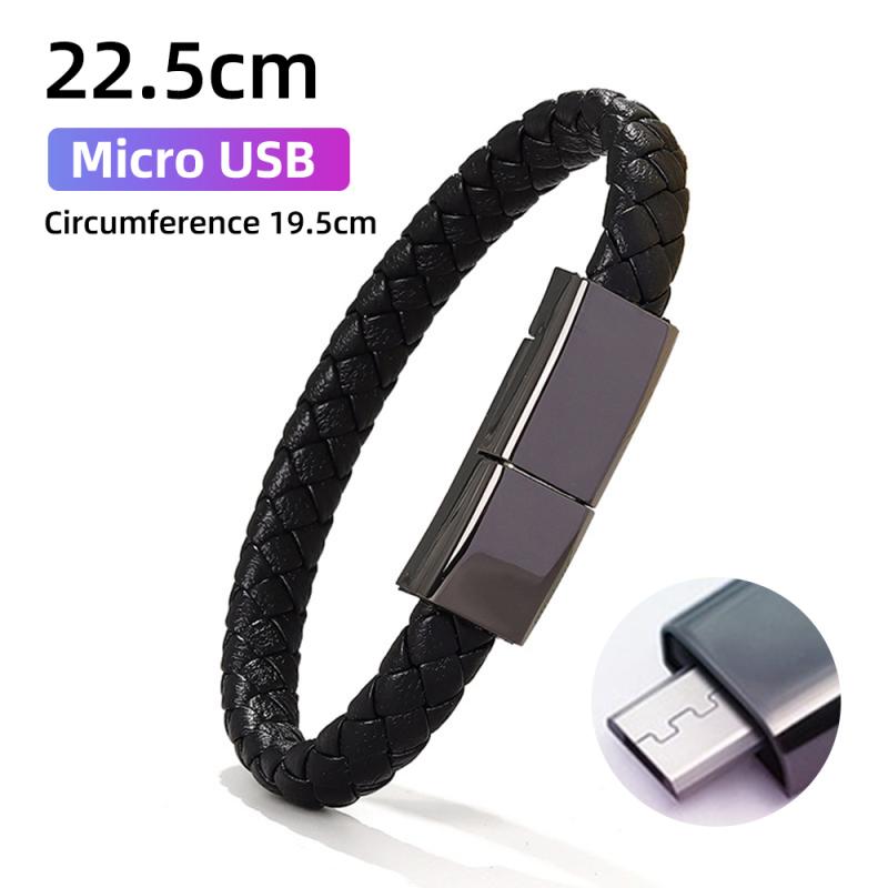 

Кожаный браслет Fonken, USB-кабель для зарядки, кабель Type-C/Micro USB/Lightning для зарядки данных для iPhone, Samsung, Huwei, Xiaomi, кабель USB to micro USB-22.5cm чёрный