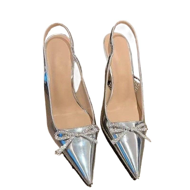 Hot Selling 2025 Summer Beige Heeled Sandals Comfort Shoes for Women Pointed Spring Low Elastic Band New Bow High Closed Rhine