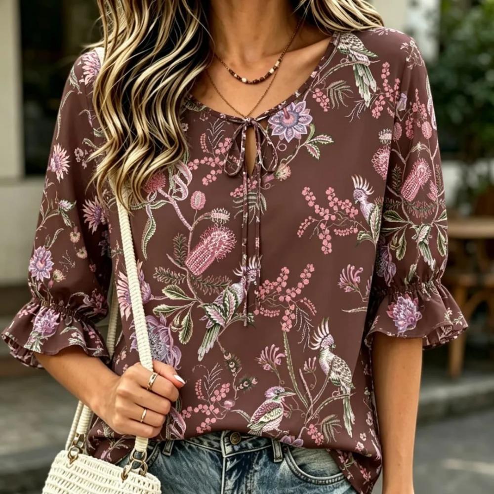 Vintage Bird Floral Print Tie Neck Blouse Ruffle Half Sleeve Boho Casual Loose Fit Summer Blouse for Women S