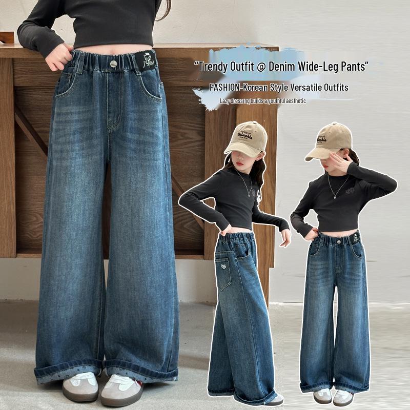 2025 Girls' Trendy Denim Wide-Leg Pants - Spring/Autumn Style, Long Straight-Leg for Big Girls