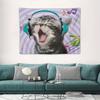 Whimsical Cat  Listening To Headphones Kitten Design Tapestry Room Decoration Home Decor Bedroom Wall Hanging Fabric