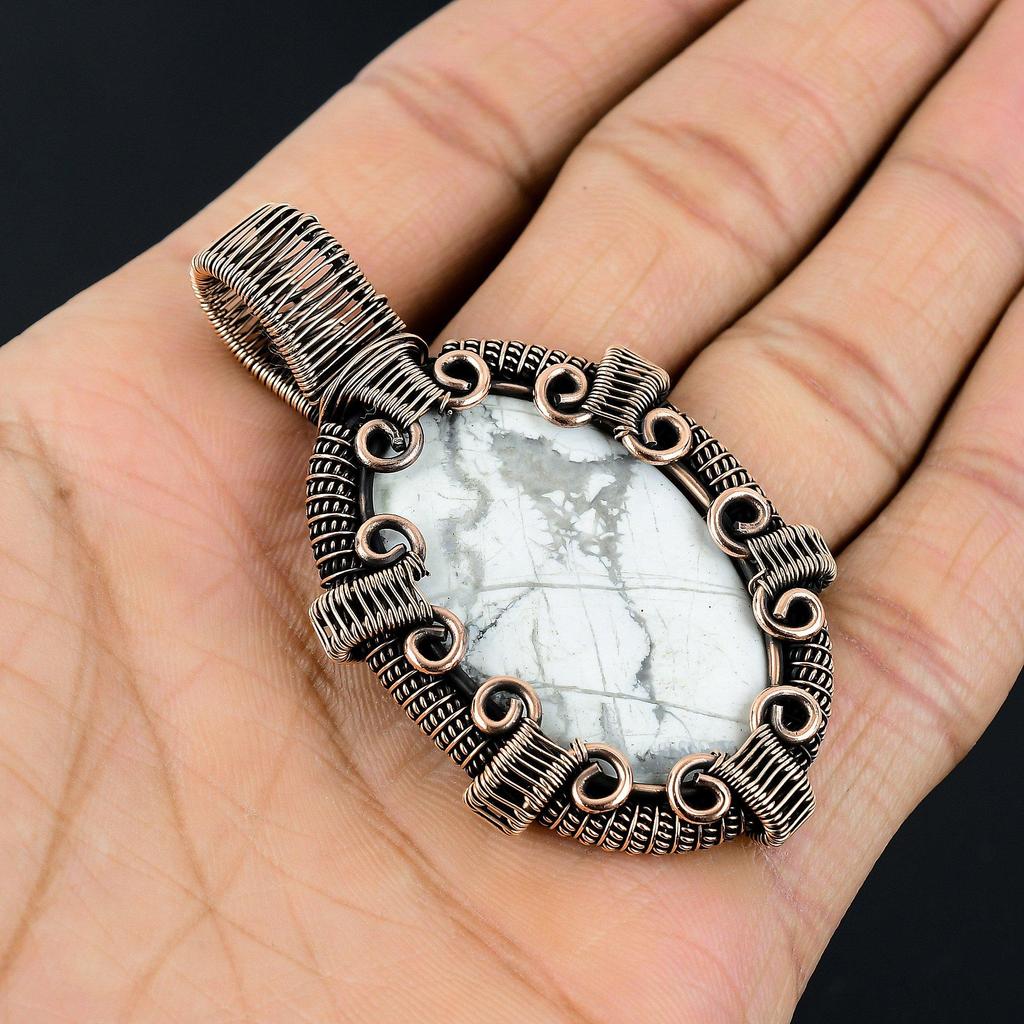 Howlite Pendant, 999 Copper Wire Wrapped Gemstone Jewelry, Handmade Pendant, For Thanksgiving