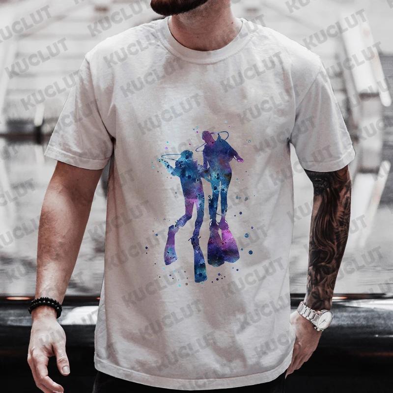 Summer Streetwear Scuba Diver Watercolor Diving Print Men's Brand T-shirts Scuba Diver Design Tops Breathable Men Women Tshirts