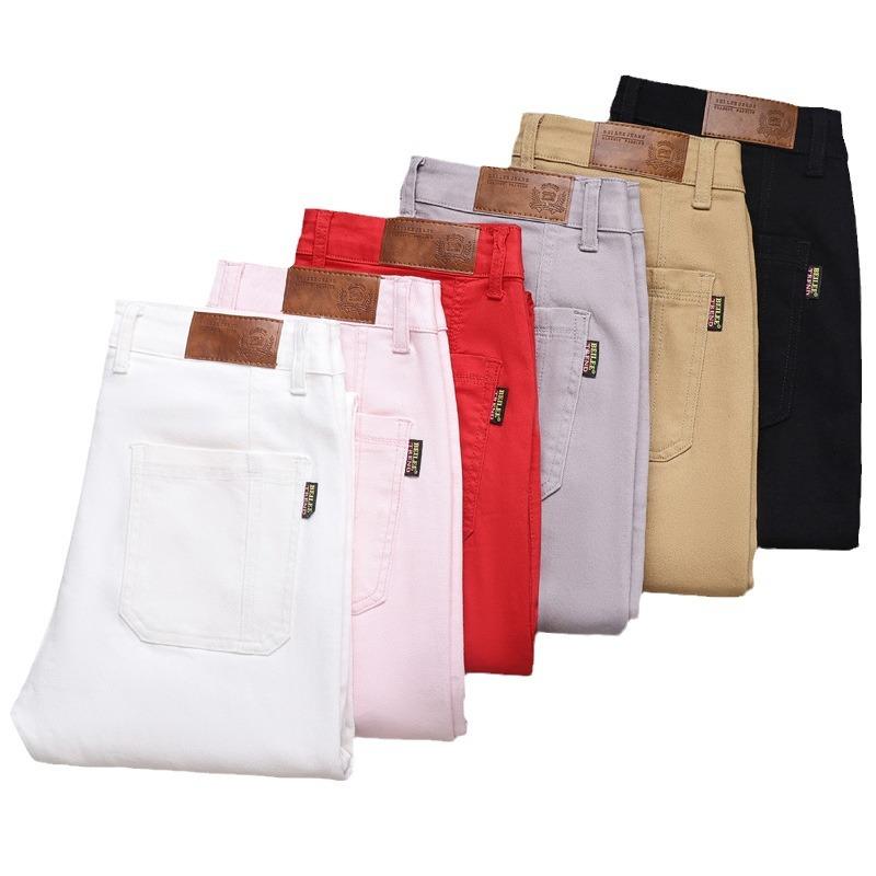 Men's White Six-pocket Stretch Jeans Men's Spring and Summer Trend Straight Slim Multi-pocket Colour Trousers