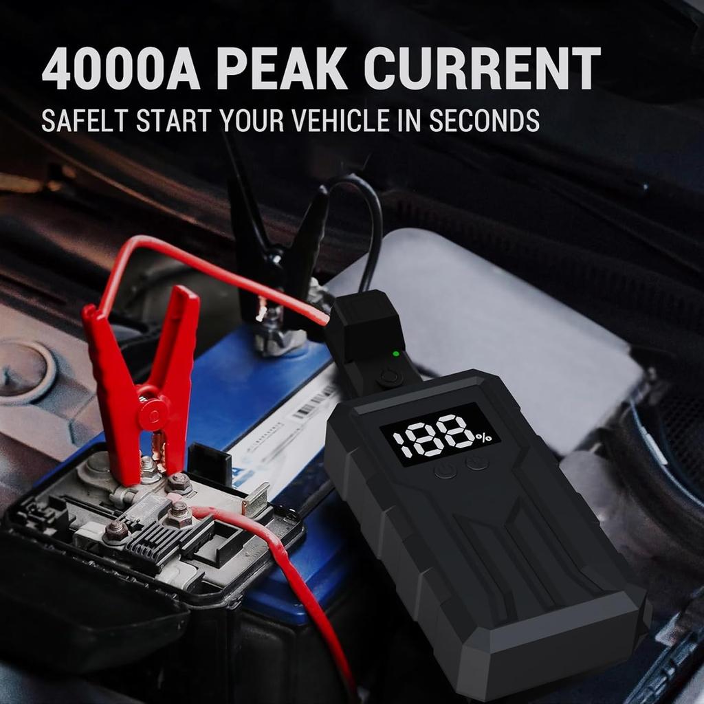 Jump Starter 4000A, Portable Car Battery Charger for 8-9L Engines, with LED Flashlight & USB Quick Charge