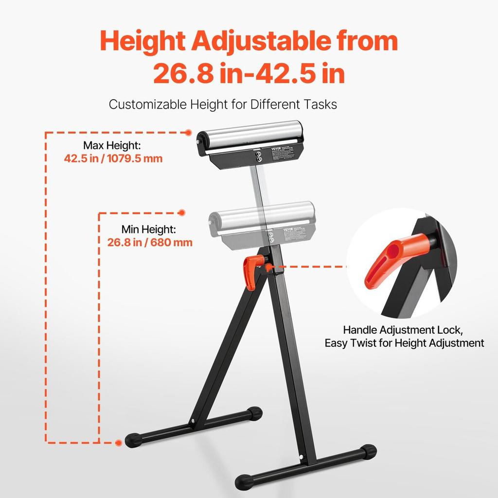 2 PCs Woodworking Roller Stands Max Load 135 lb Adjustable 26.8-42.5 in