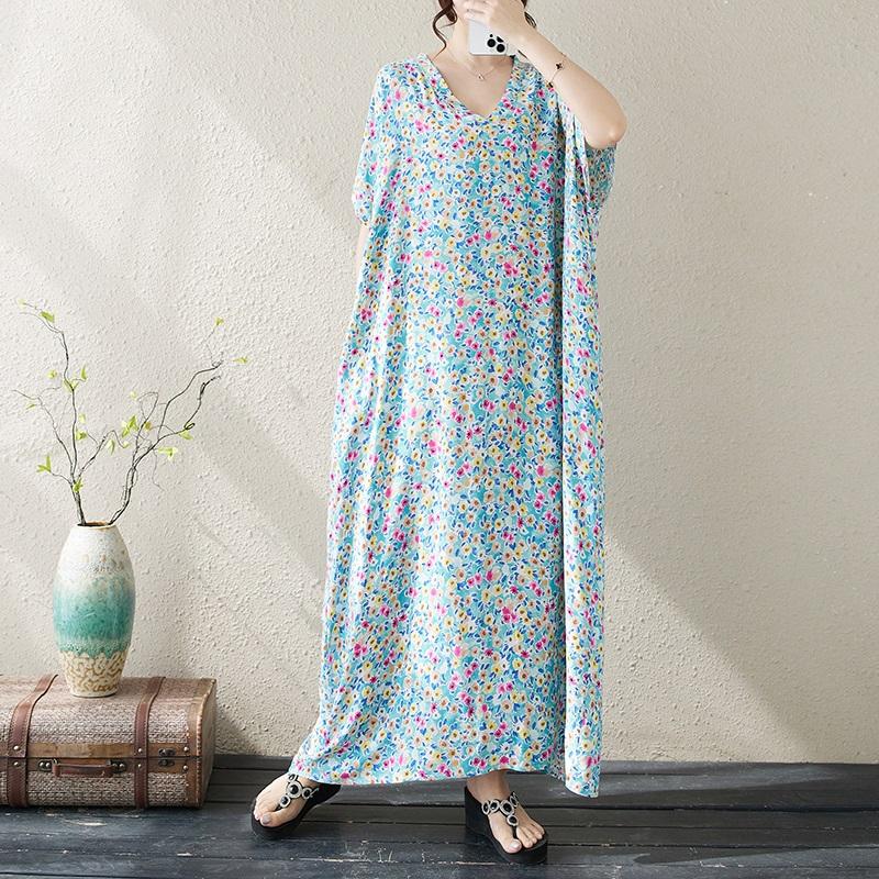 Manga corta Tallas grandes vintage floral nuevo en vestidos para mujer casual suelto Maxi vestido largo de verano