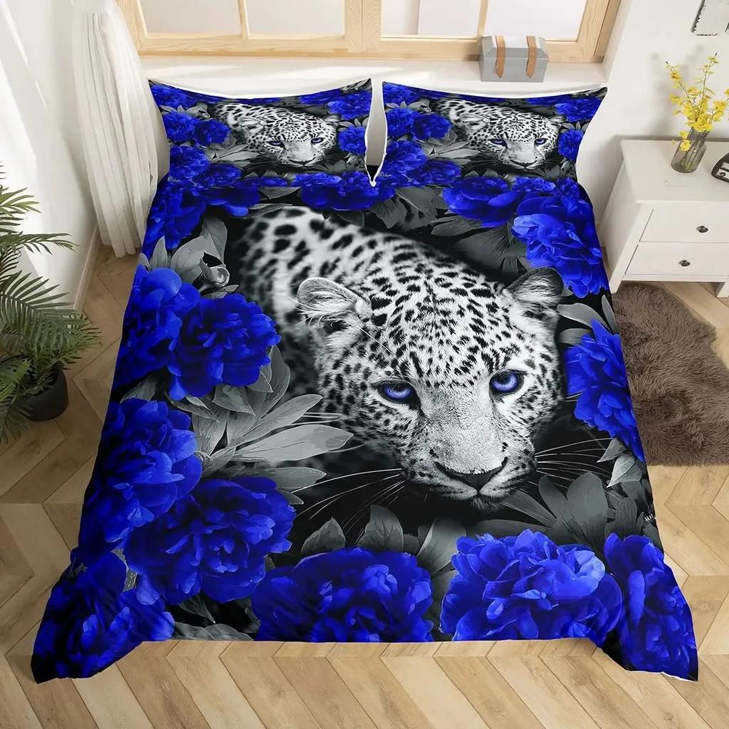 Leopard Duvet Cover Set Red Rose Bedding Sets Safari Animals Print Comforter Cover Rose Flowers Cheetah Quilt Cover King Size
