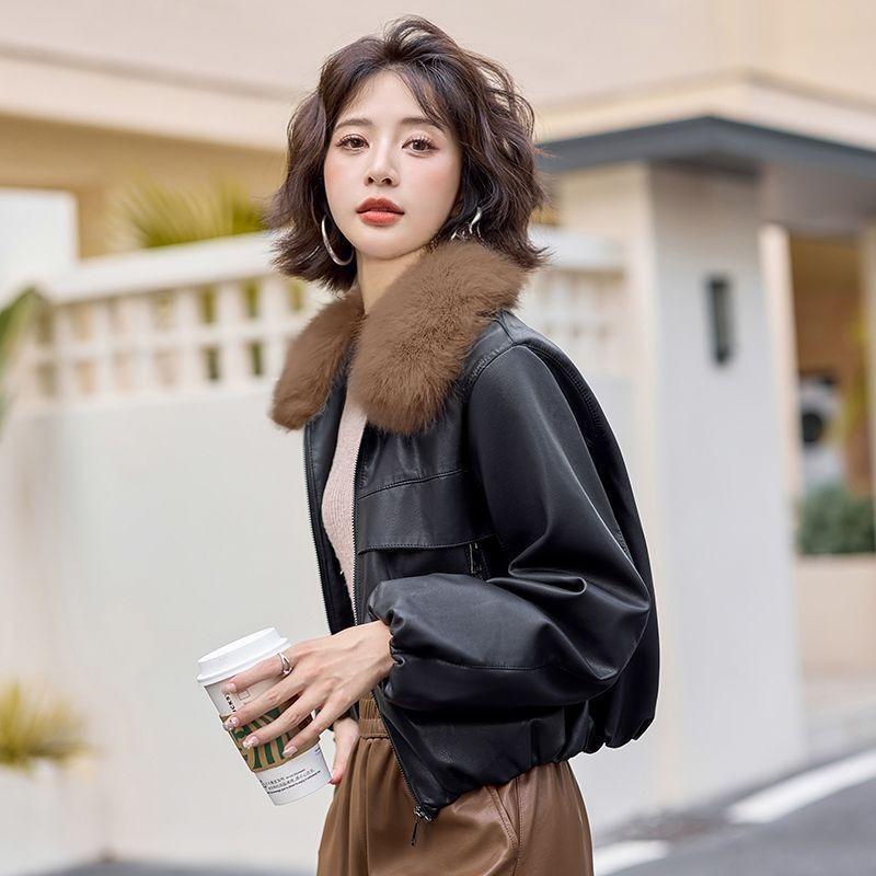 Fleece Thickened Removable Women's Fur Collar Short New Leather Jacket Autumn and Winter Loose and Thin Jacket