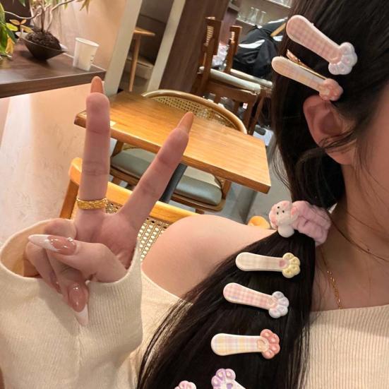 Girl Hairpin Plaid Pattern Cat Paw Shape Hair Clips Stable Clamping Force