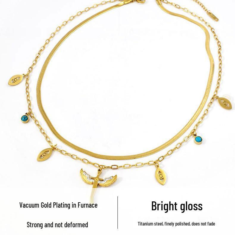European & American Fashion Titanium Steel Double Layer Clavicle Necklace with Eye & Star Pendant for Women.