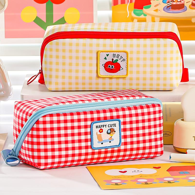 Plaid & Prism Square Pencil Case Pen Bag Cute Dog Korean Style Lattice Multi Pocket Storage Pouch for Stationery