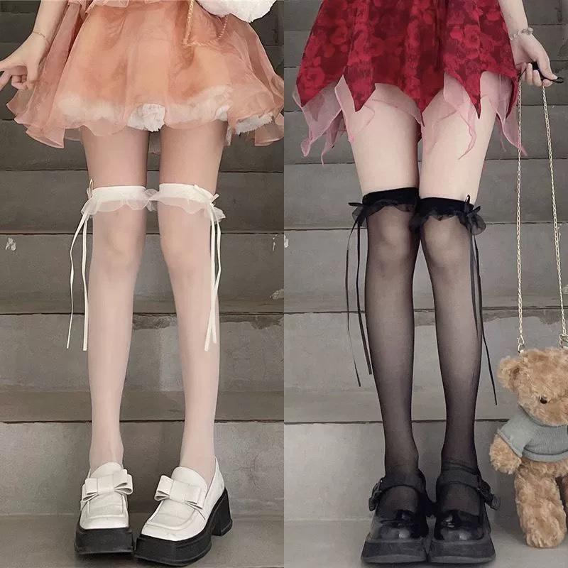 Women Sweet Summer Silky Thigh High Stocking Harajuku Lolita Ultra-Thin Transparent Lace Bow Ribbed Elastic Over Knee Long Socks