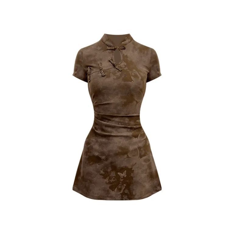 Chinese Vintage Button Dress Waist Women's Print Summer Temperament Slim-fit Cheongsam Dress