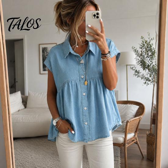 Women Shirt Denim Shirt, Lapel Short Sleeve Tops, Pure Color Relaxed Fit Tops Ruffle Splicing Casual for Work Parties Vacations Dates Summer