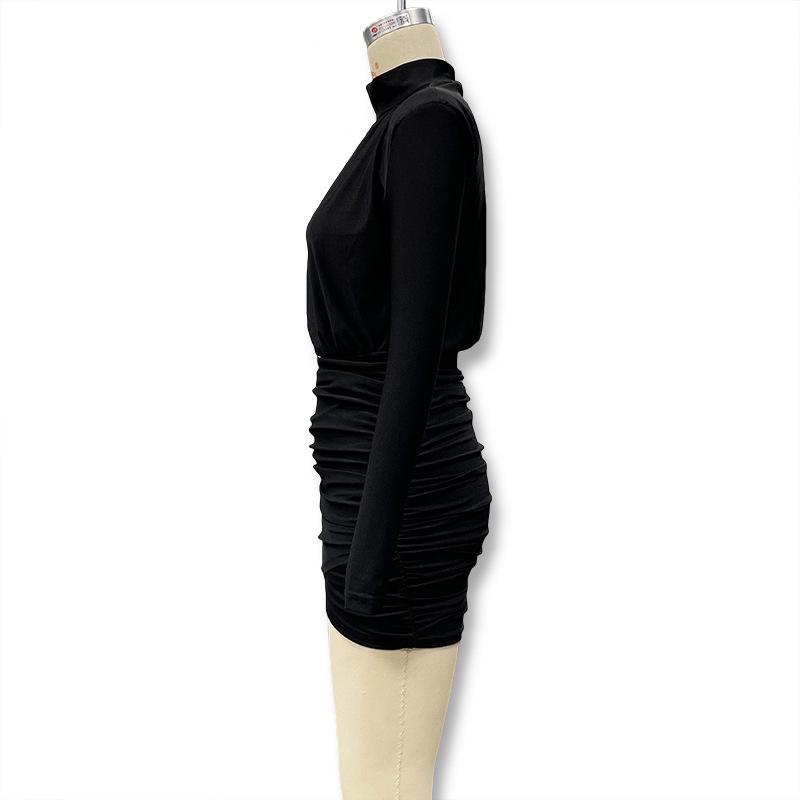 European Style Autumn/Winter 2025 Semi-High Neck Solid Color Long Sleeve Pleated Bodycon Dress