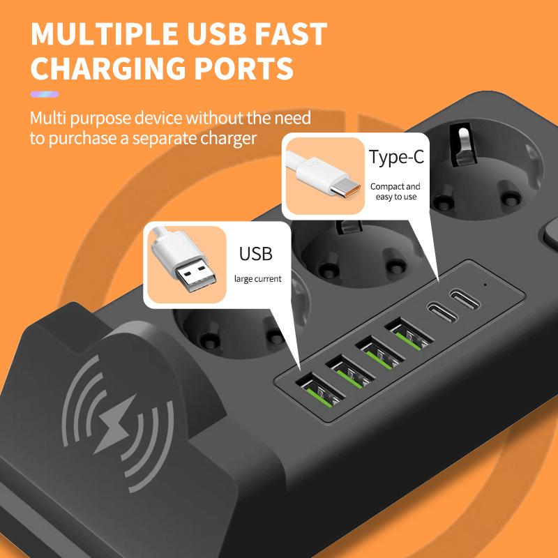 European Standard Mobile Phone Wireless Charging Strip Plug with Cable USB Socket Russian Plug Board PD Multi Socket