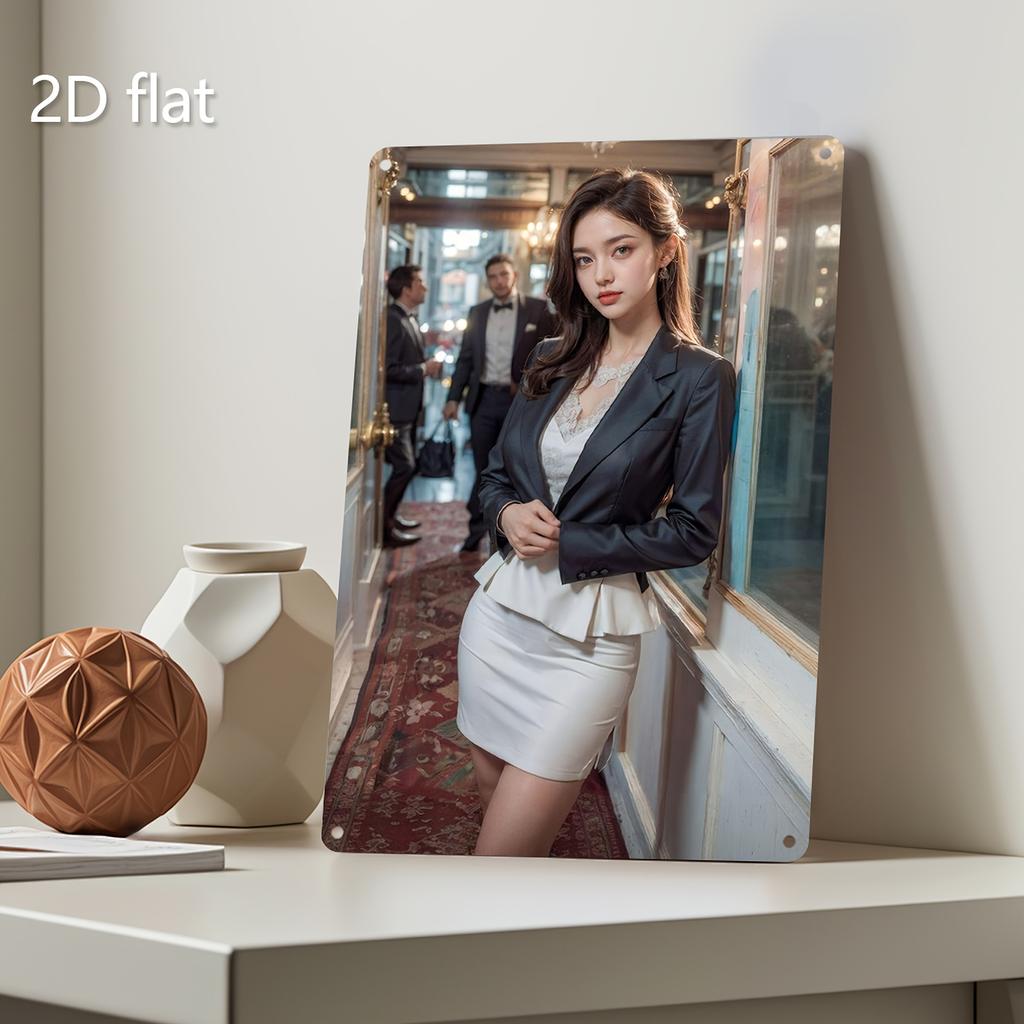 ArtyFame Elegant 2D Flat Metal Wall Art, Pre-Drilled Holes, Modern Woman In Black Blazer White Skirt Social Scene