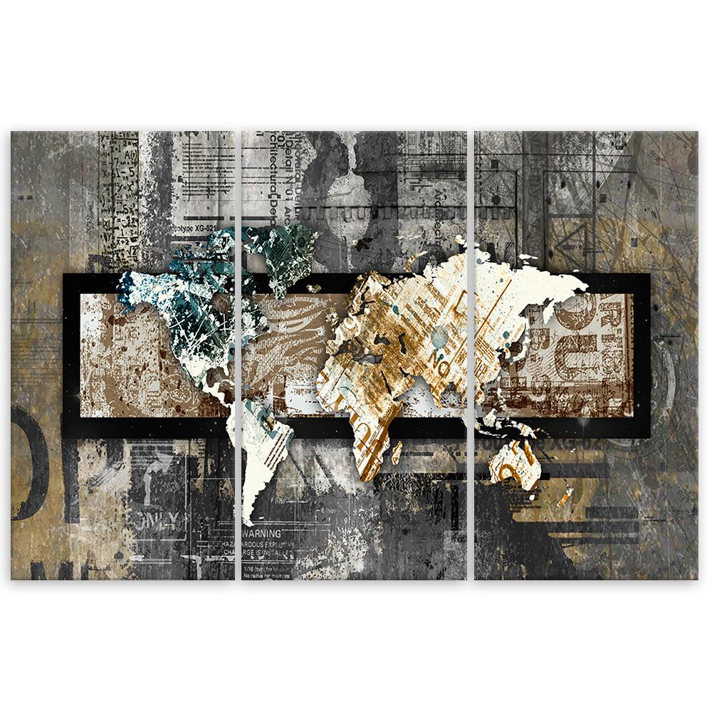 Three Piece Picture Canvas Print Abstract World Map Grey Brown