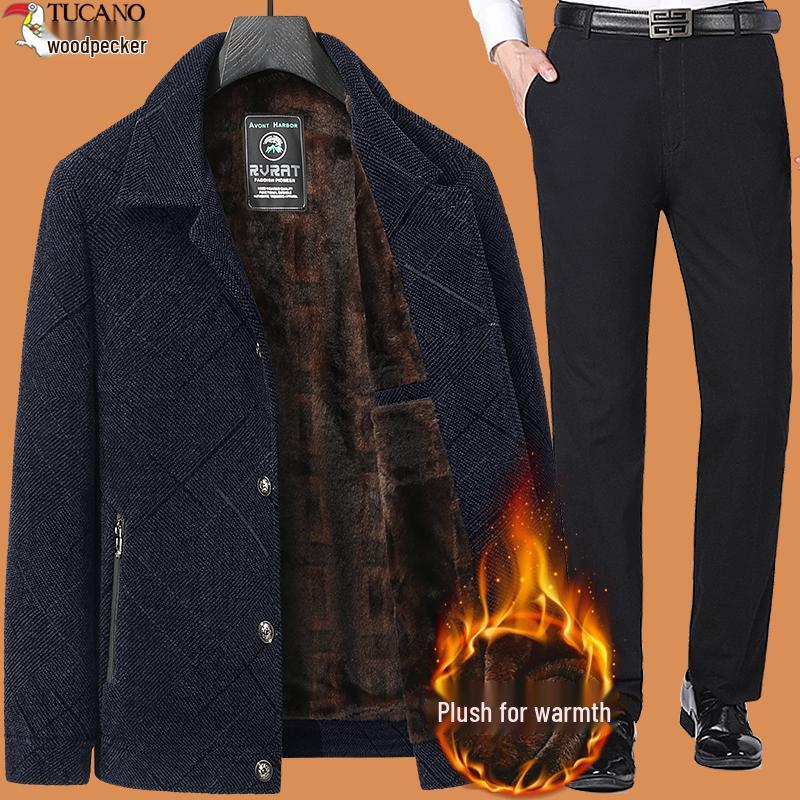 Woodpecker Dad Winter Coat Set: Warm Fleece-Lined Jacket for Middle-Aged and Elderly Men