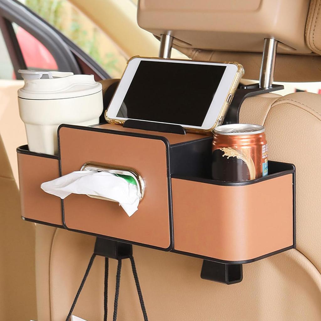 Car Rear Seat Storage Box With Cup Holder Tissue Box Trash Bin and Hook Backseat Organizer For Road Trips