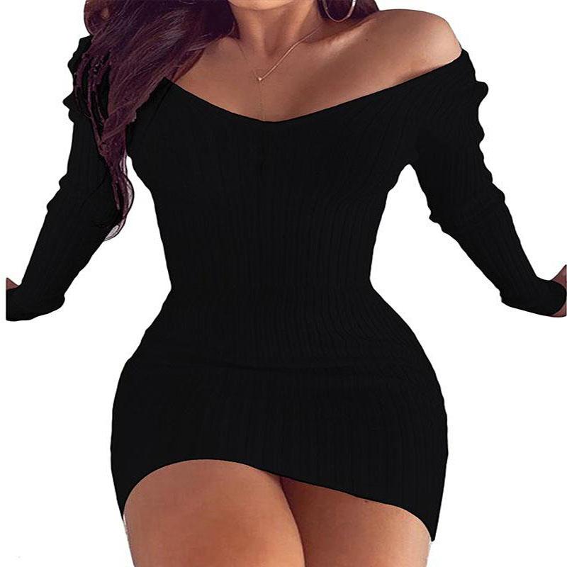 Autumn and Winter Women's V Neck Long Sleeves Slim Thin Hip Dress Warm Sweater