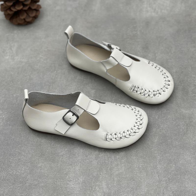 

Johnature Genuine Leather Flats Retro Round Toe Soft Soles Solid Color Casual Comfortable Women s Shoes 35 белый