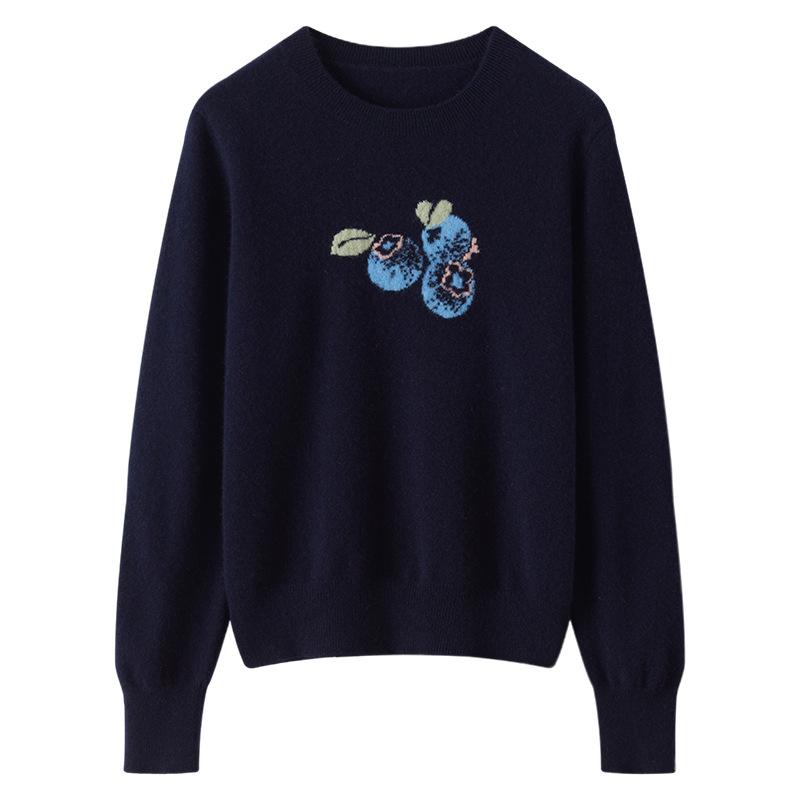 

Women s Blueberry Jacquard Cashmere Sweater - 100% Pure Cashmere, Crew Neck, Long Sleeve, Warm Pullover Large темно-синий