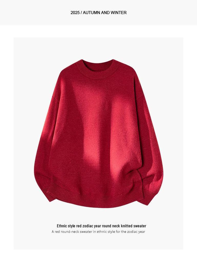 2026 Unisex Red New Year Sweater: Trendy Casual Knitwear with Round Neck for Couples
