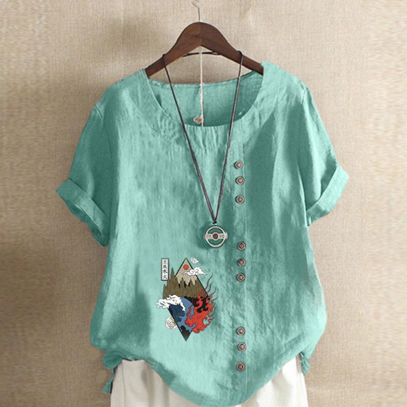 Damenmode Rundhals Kurzarm T-Shirt Lässig Baumwolle Leinen Grafikshirt Freizeit Locker Flame Mountain Bedruckt Sommerbluse Tops