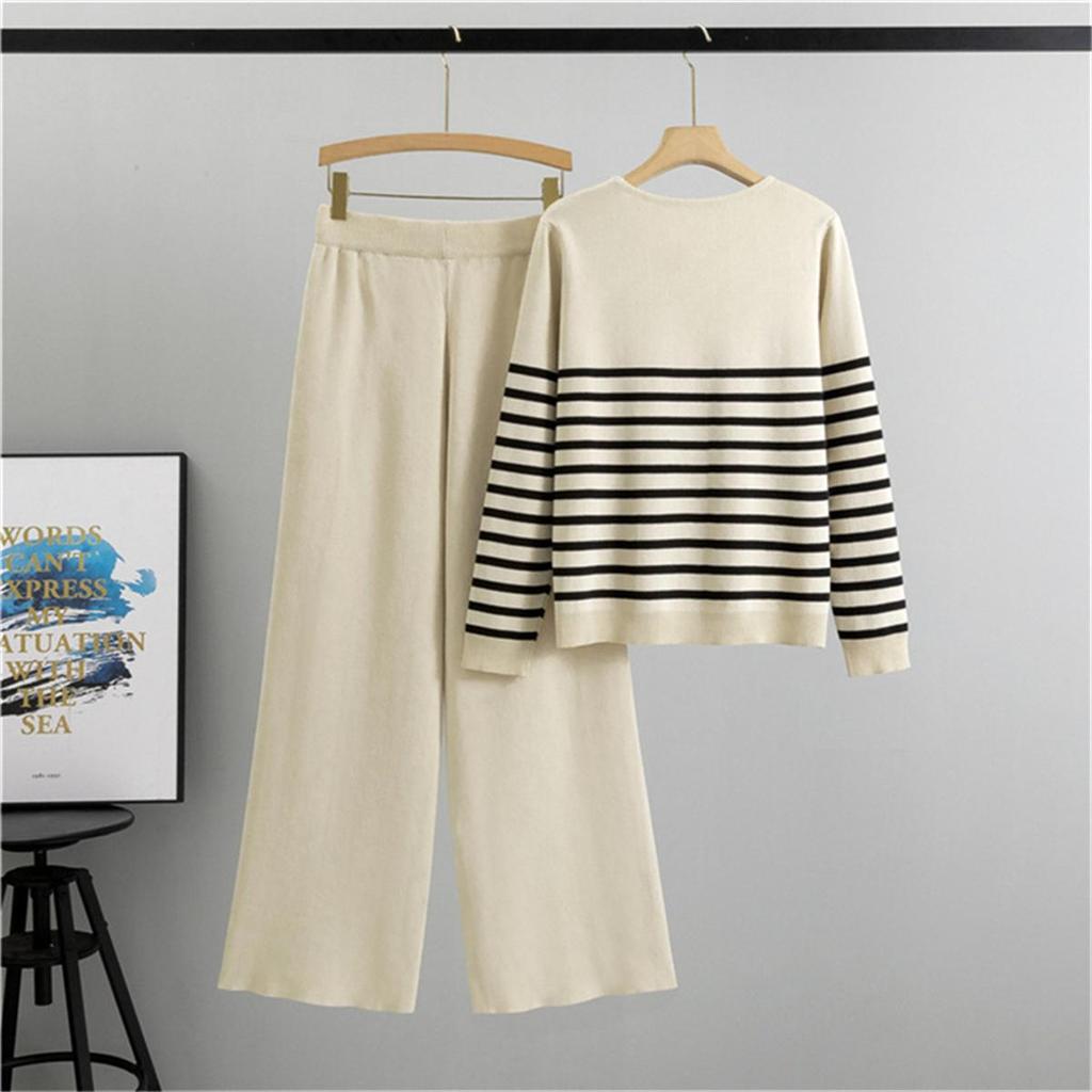Spring Casual Fashion Suit Fashionable Striped Knitted Top Wide Leg Pants Two Piece Set for Women