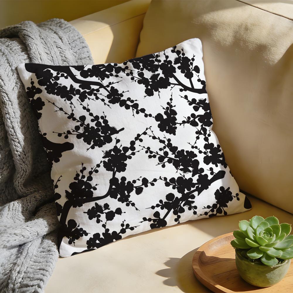 

Cushion Cover Washed Linen Soft Breathable Decorative Case for Sofa Home Pillow cover Black and white plant pattern leaves 30x30cm