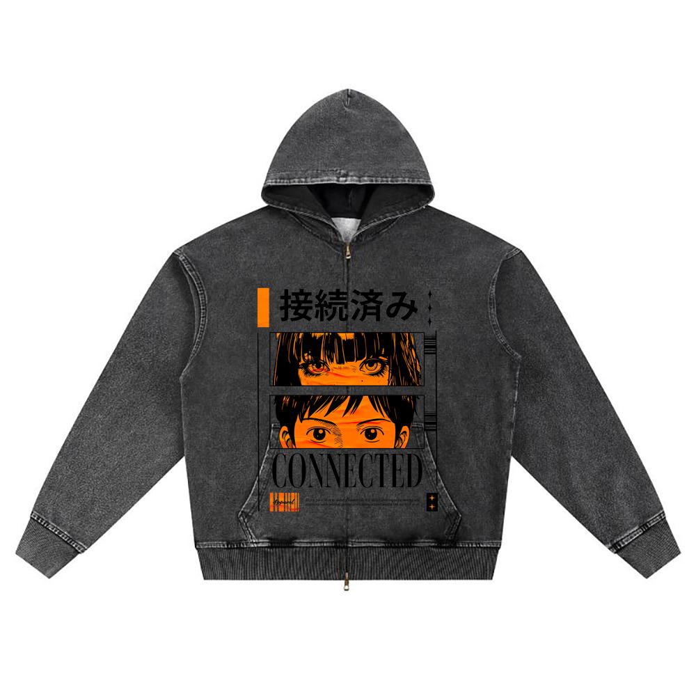DTG print Knitted Denim Zip-Up Hoodie Connected Brother Print Zipper Hoodies