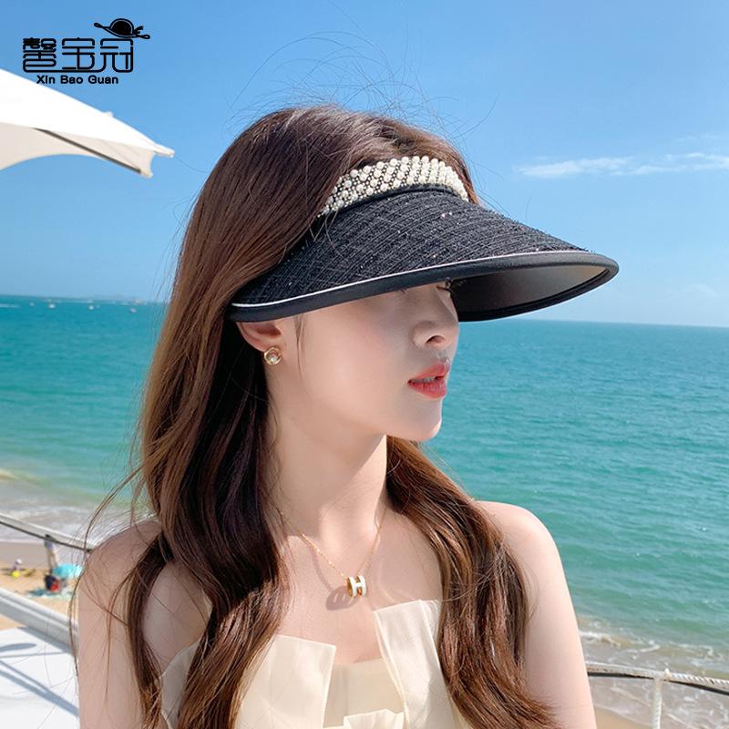 8433 Summer sunscreen sunshade empty top hat versatile pearl hat women's vinyl big eaves headband sun hat