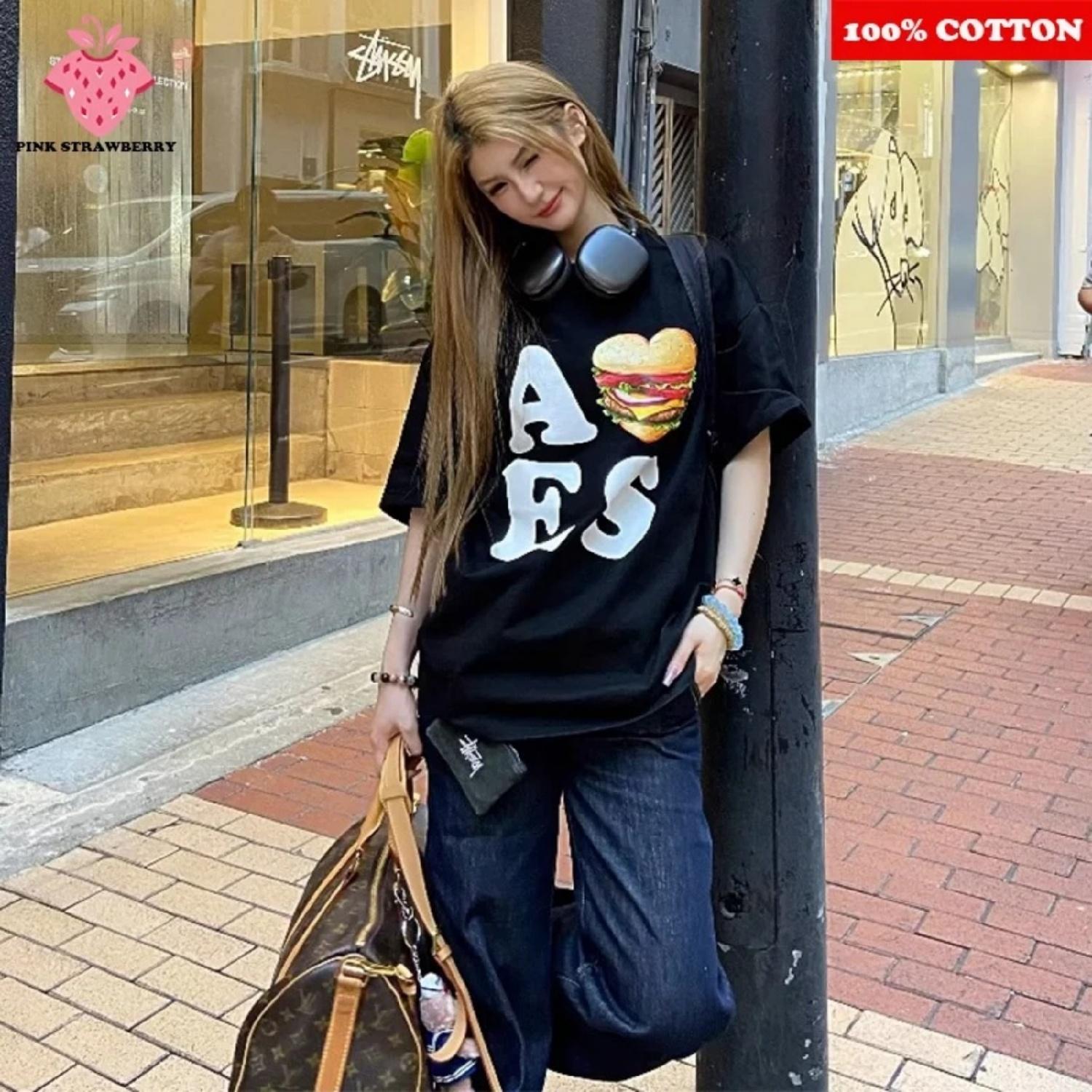 

American Love Heart Burger Print T-shirt Women Summer 2025 New 100% Cotton Short Sleeve Street Tee Loose Casual Top Y2k clothes XXXXXL різнокольоровий