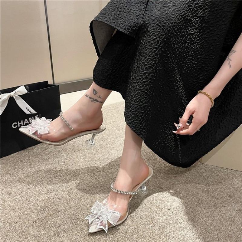 High heels women's summer fashion outer wear pointed rhinestone square buckle transparent word with stiletto slippers