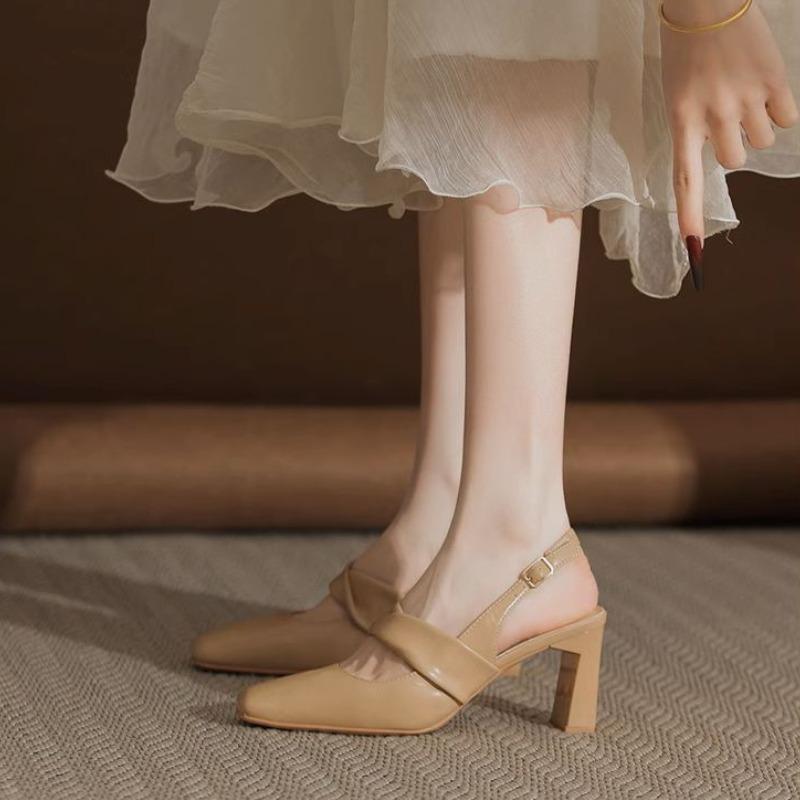 Sandales à talons hauts pour femmes à la mode Bout carré Chaussures chunky 2025 Élégantes Escarpins à boucle peu profonds Robe de mode Été Zapatillas Mujer