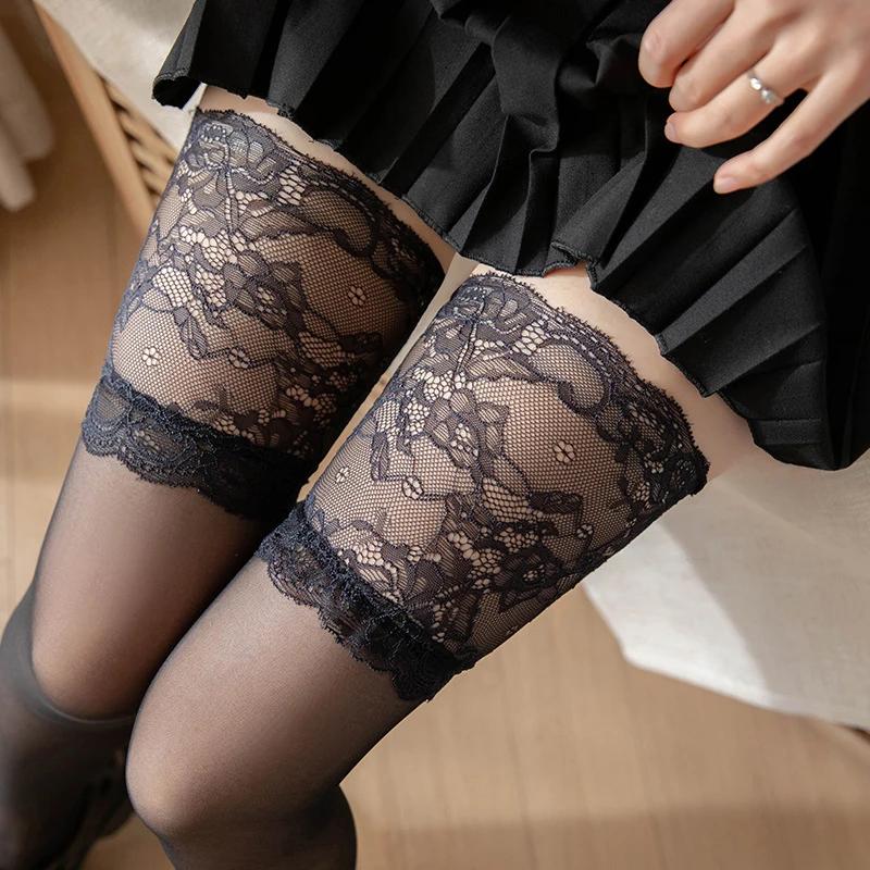 Summer Thin Ultra Wide Lace Top Stockings Lady Girl Sexy Mesh Transparent Non-slip Thigh High Stocking Knee High Long Socks